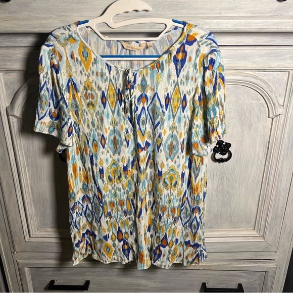 Soft Surroundings Gauzy Multicolor Francesca Clip Dot Ikat Metallic‎ Blouse - Picture 5 of 9